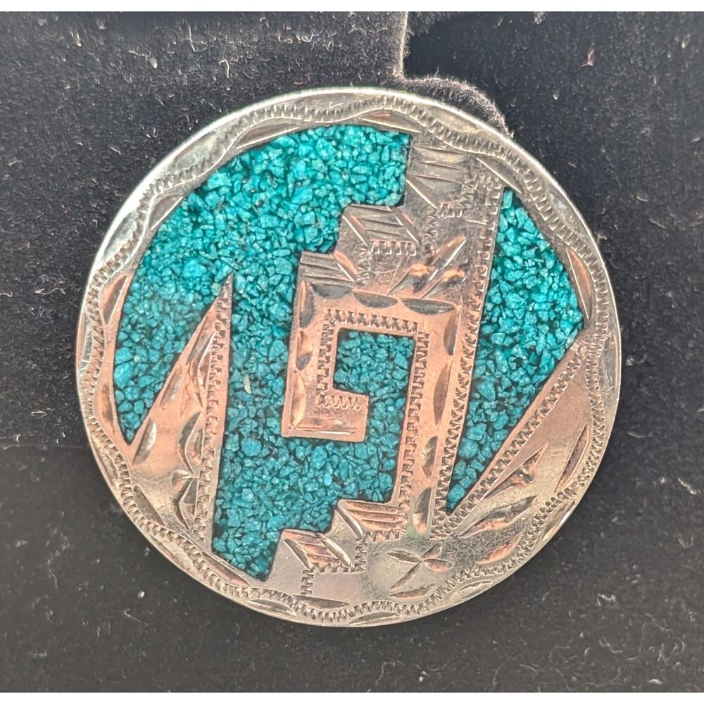 JSL Sterling Silver Turquoise Inlay Pendant Brooch • Handmade Mex • 1.5" • 8.7g